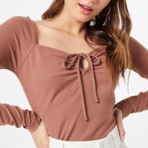 ♡ abercrombie & fitch soft af collection brown long sleeve bodysuit with tie det